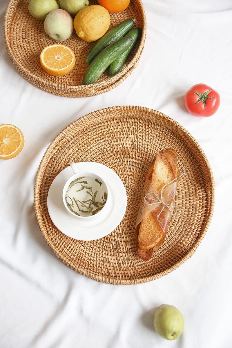 HITOMEN 14.2" Hand-Woven Round Rattan Serving Tray Decorative Ottoman Wicker Platter with Handles for Coffee Table, Breakfast, Drinks, Snack, Bread, Fruit, Vegetables (Natural-L) - Image 3